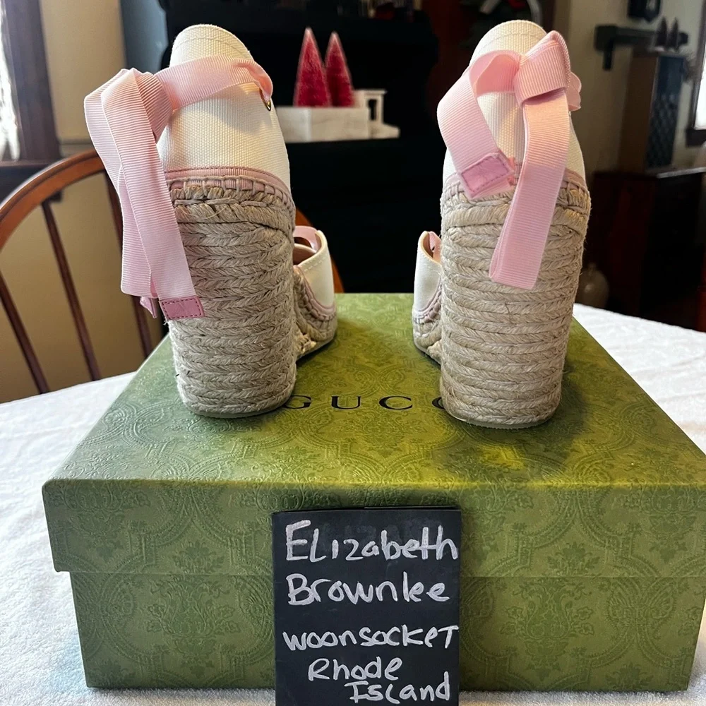 Gucci women’s interlocking G white and pink wedge espadrille ribbon tie BNIB - Picture 4 of 7